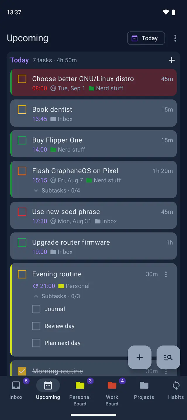 The Upcoming list, grouping today's tasks by time with durations, project colors and expandable subtasks.