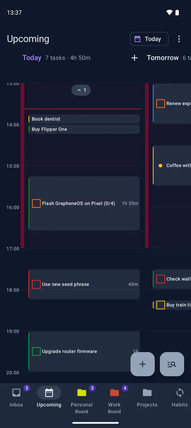 The day planner, laying today's tasks onto an hour-by-hour timeline next to tomorrow's.