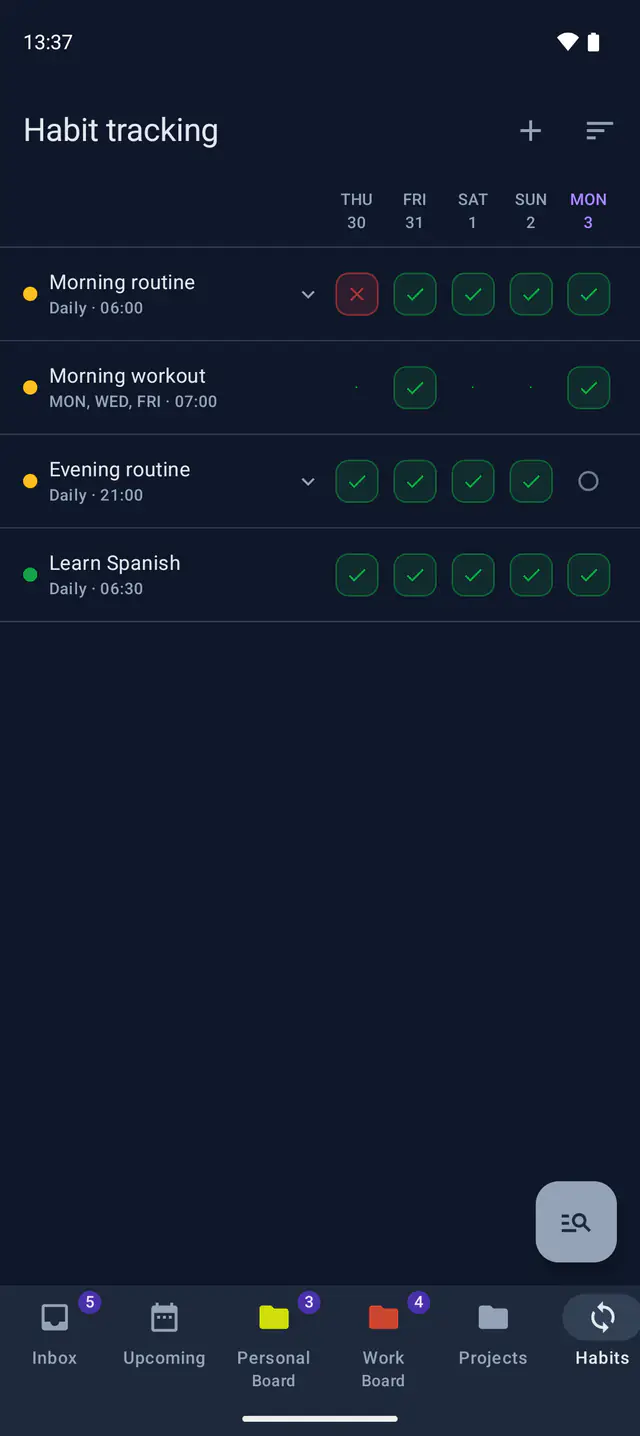 Habit tracking, with a row per habit and a check for every day of the week.